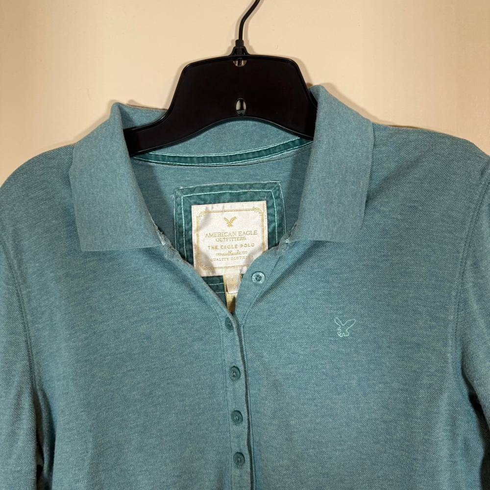 Y2K 2000s Teal Henley Long Sleeve Top Large Vintage American Eagle - Picture 3 of 8